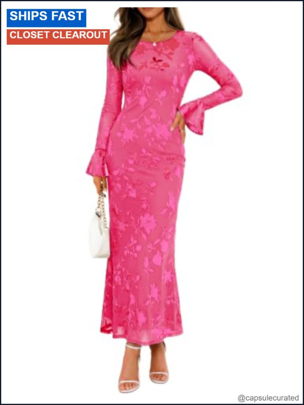 Women's Bell Sleeve Floral Bodycon Maxi Dress Wedding Guest